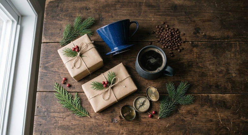 Coffee gifts wrapped in kraft paper with a pour-over dripper, a mug of coffee and coffee beans on a wooden table